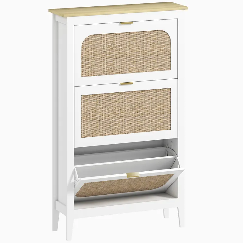 HOMCOM Dulap pentru încălțăminte 21 perechi boem cu 3 sertare rabatabile, uși cu efect cannage ratan, 80 x 24 x 131 cm, alb | Romania