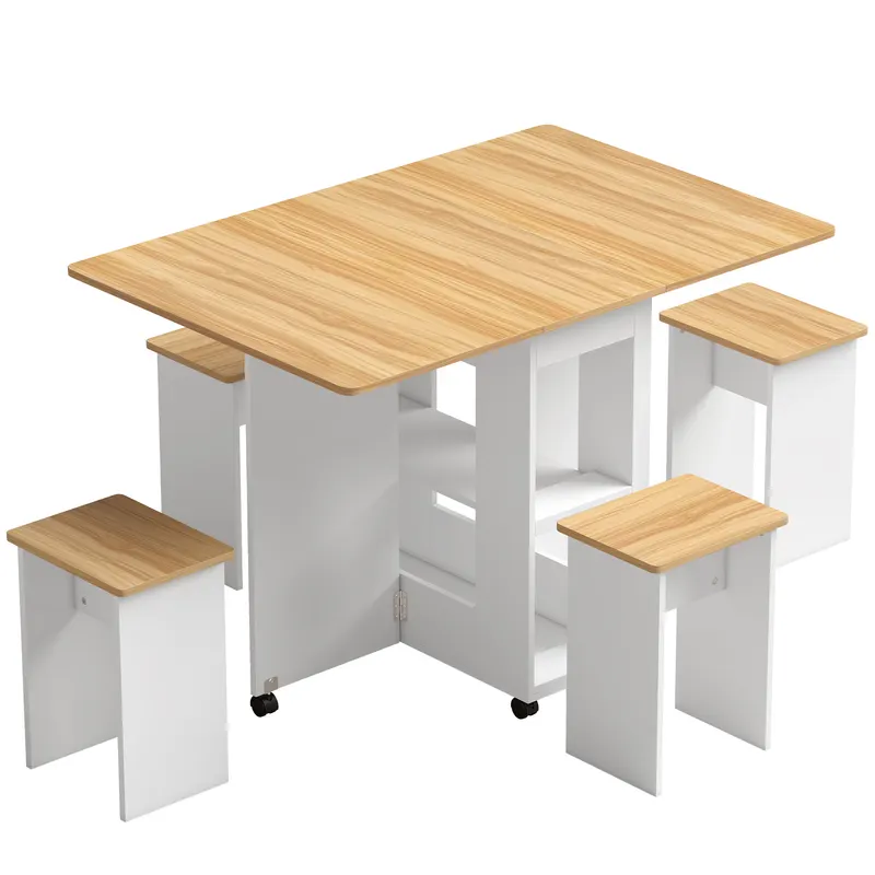 HOMCOM Set masă de dining pliantă cu 4 taburete ascunse, 2 extensii rabatabile, roți, rafturi, stejar | Romania