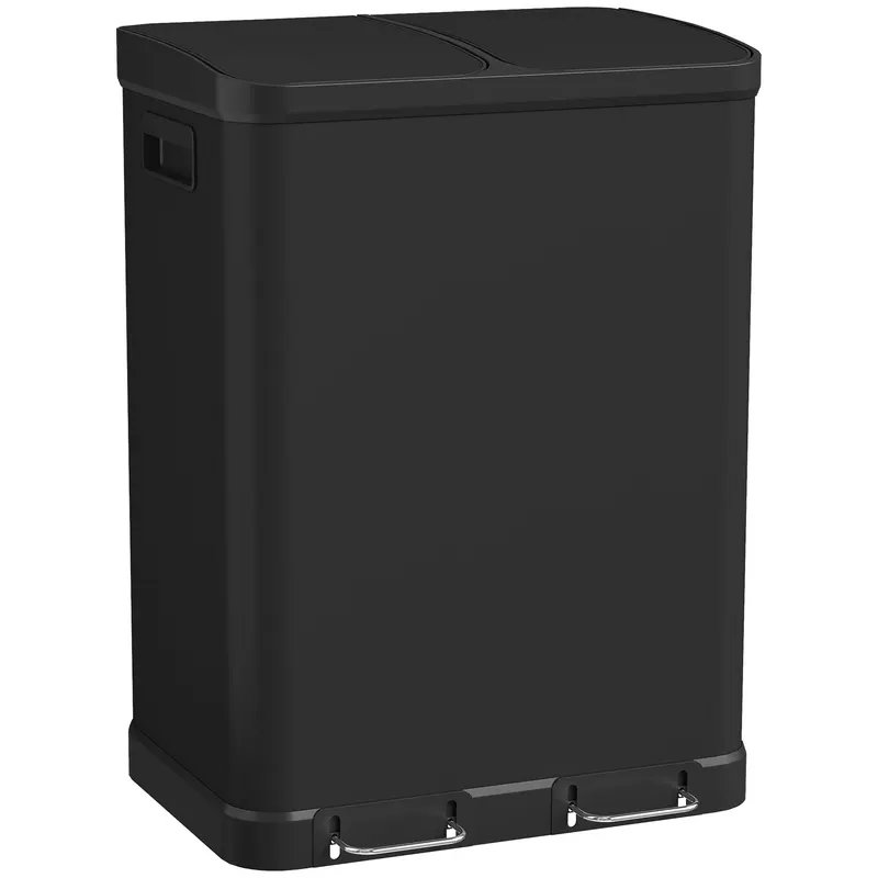 HOMCOM Coș de gunoi de bucătărie cu dublu compartiment 2 x 30 l cu pedală din oțel inoxidabil, capac cu închidere silențioasă, negru | Romania