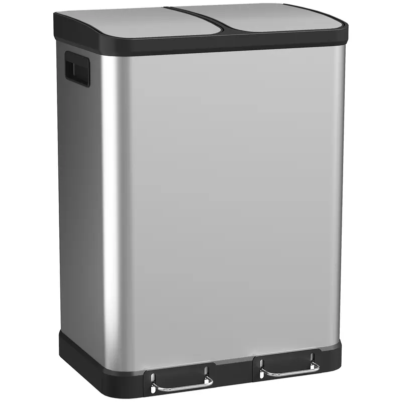 HOMCOM Coș de gunoi pentru bucătărie cu dublu compartiment 2 x 30L cu pedală din oțel inoxidabil, capac cu închidere silențioasă, argintiu | Romania