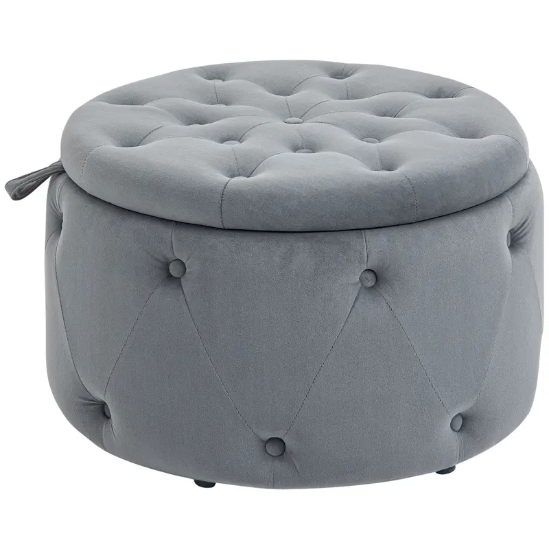 HOMCOM Puf, rotund, cu spațiu de depozitare, model matlasat cu butoane, catifea, gri, 60 x 60 x 40 cm | Romania