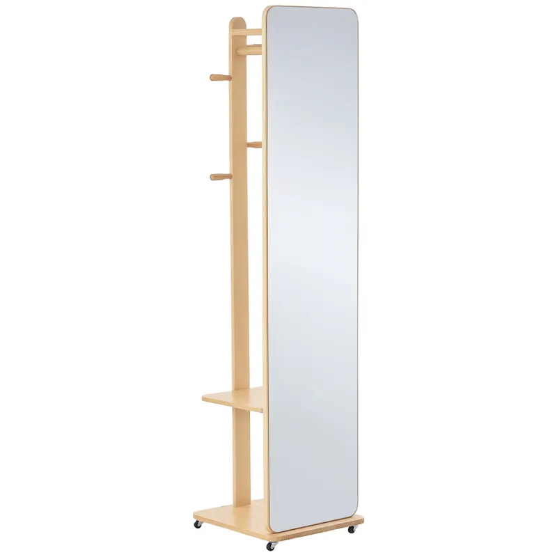 HOMCOM Oglindă de podea cu roți - Suport, 4 cârlige, raft MDF aspect lemn deschis | Romania