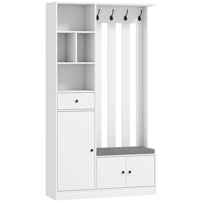 HOMCOM Cuier 180 cm cu Bancă pentru Pantofi, Soluție 4-în-1 cu Raft Reglabil, 4 Agățători și Compartimente Deschise, pentru Hol sau Living, Alb | Romania