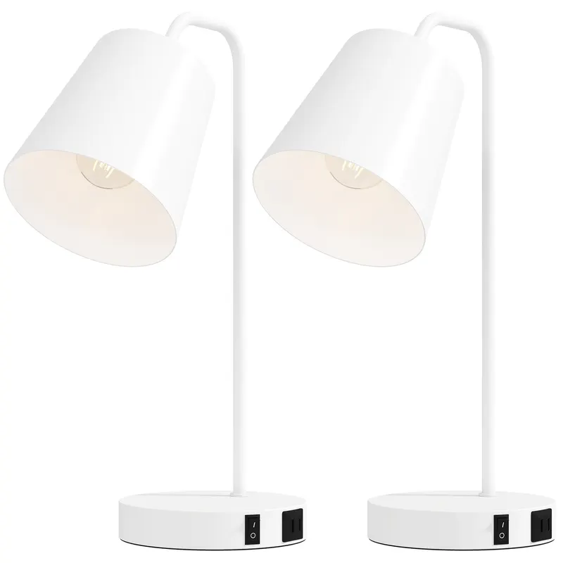 HOMCOM Set de 2 Veioze Moderne din Oțel cu Porturi USB, Soclu E27, Bec Neinclus, Alb | Romania