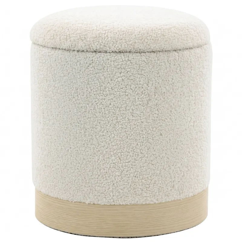 HOMCOM Taburet rotund 38 cm cu husă Sherpa, depozitare și picior metalic cu aspect de lemn, crem | Romania