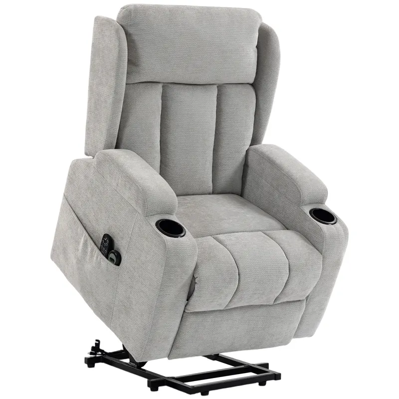 HOMCOM Fotoliu Ridicător Electric cu Masaj și Încălzire, Fotoliu Relax Electric din Chenille, Tetieră Rabatabilă, Gri Deschis | Romania