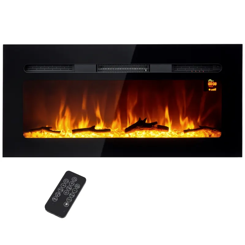 HOMCOM Șemineu Electric cu Telecomandă, Flacără și Iluminare Reglabilă din Oțel și Sticlă Călită, 91,4x15,8x45 cm, Negru | Romania