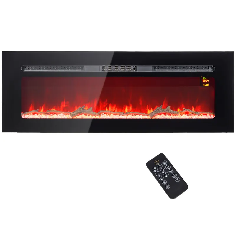 HOMCOM Șemineu Electric Încastrabil cu Telecomandă, Flacără Reglabilă, Temporizator și Termostat, 127x15,8x45 cm, Negru | Romania