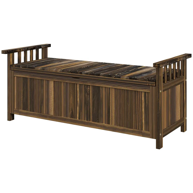 Outsunny Bancă de grădină cu 2 locuri din lemn, rezistentă la intemperii, mobilier de grădină cu spațiu de depozitare și brațe 128,5 x 56 x 53,5cm, Verkohlt | Romania