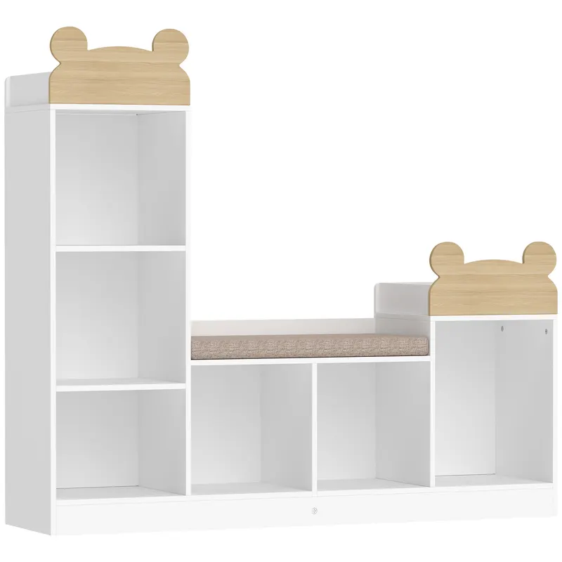 AIYAPLAY Bibliotecă pentru copii, mobilier depozitare 3 în 1 cu bancă, 6 compartimente, 2 rafturi, pernă de șezut, Alb | Romania