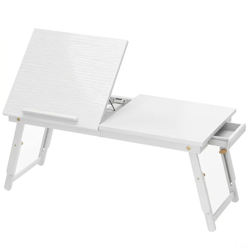 HOMCOM Masă de pat pliabilă și reglabilă, blat pentru laptop din bambus cu înclinare 83,5x33x34cm alb | Romania