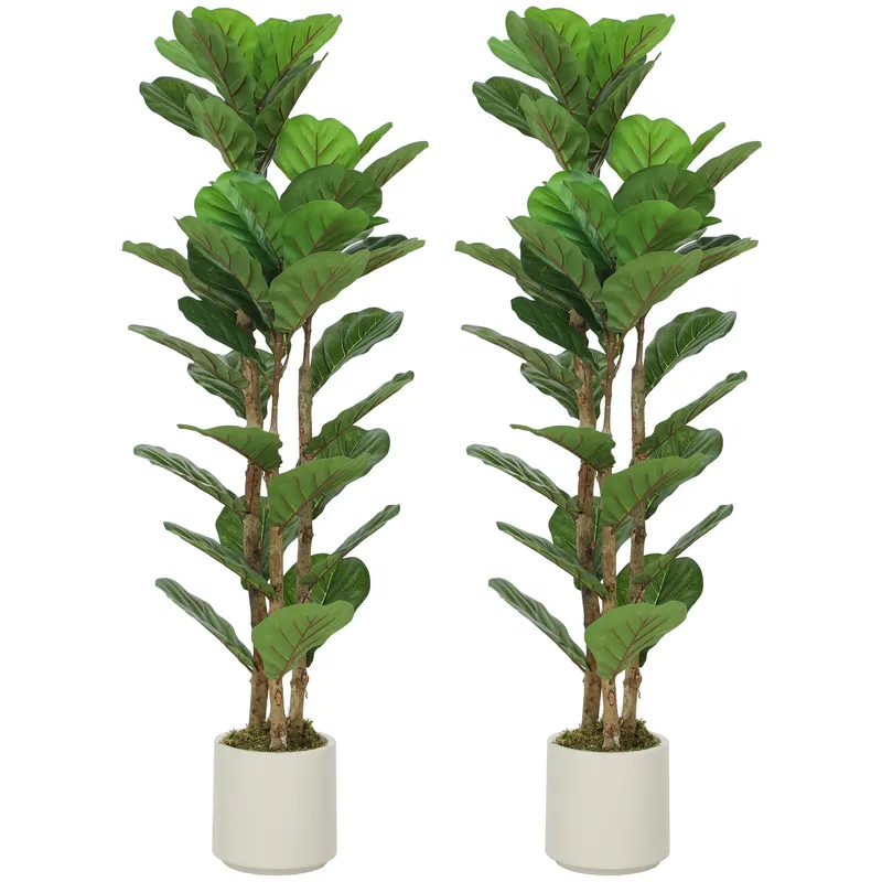 HOMCOM Set de 2 plante artificiale 120 cm Ficus lyrata cu ghiveci din plastic și trunchi din lemn masiv, verde | Romania