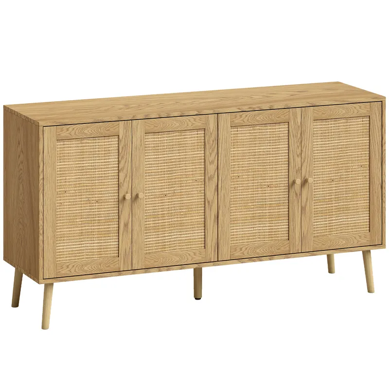 HOMCOM Bufet din rattan cu 4 uși, bufet boho de bucătărie cu 2 rafturi reglabile, aspect lemn natural | Romania