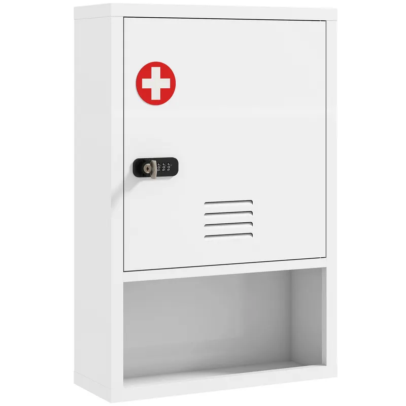 HOMCOM Dulap pentru medicamente pentru montaj pe perete cu încuietoare cu cifru și cheie, 3-stadii, încuiabil, Alb | Romania