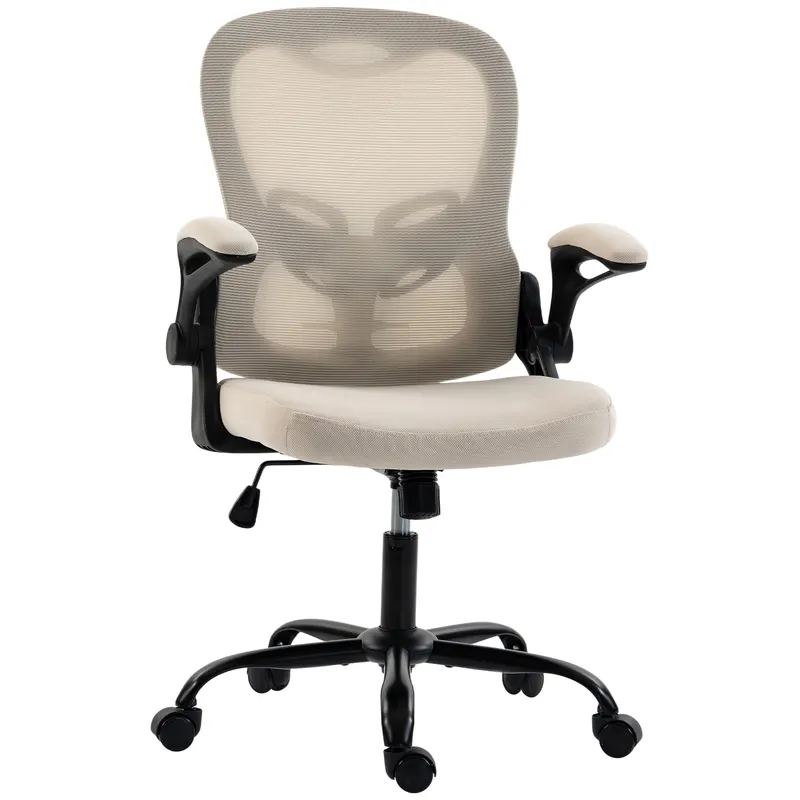 HOMCOM Scaun de birou ergonomic, fotoliu de birou din plasă, cotiere rabatabile, înălțime reglabilă, funcție balans, bej | Romania