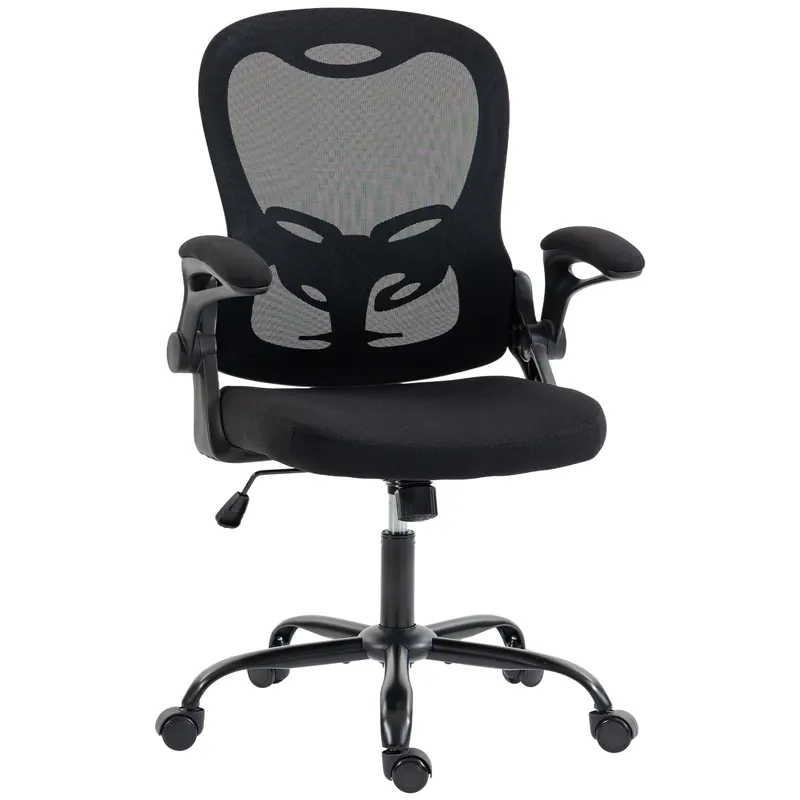 HOMCOM Scaun de birou ergonomic, fotoliu birou plasă, brațe rabatabile, înălțime reglabilă, funcție balansoar, Negru | Romania