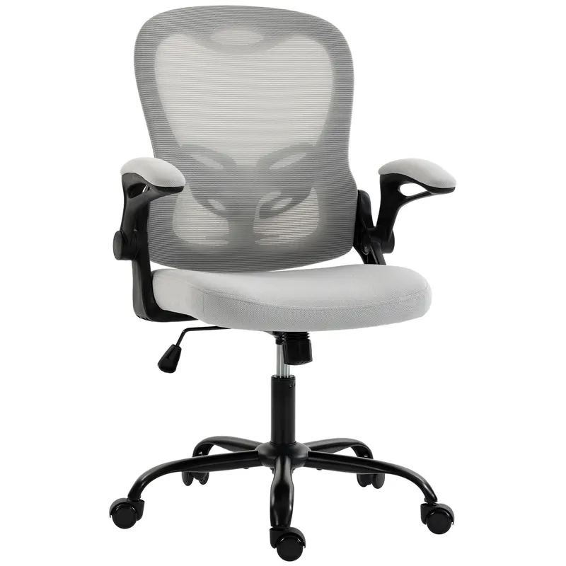 HOMCOM Scaun de birou ergonomic, fotoliu de birou din plasă, brațe rabatabile, înălțime reglabilă, funcție de înclinare, Gri | Romania