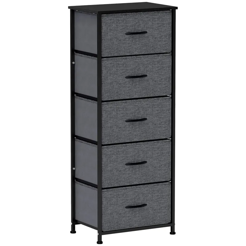 HOMCOM Comodă 5 sertare mobilier de depozitare sertar din material pliabil - structură din oțel negru - 45 x 30 x 116 cm gri închis | Romania