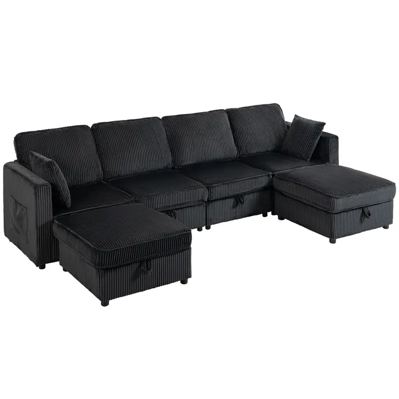 HOMCOM Canapea colț 4 locuri formă U cu ottoman cu depozitare, colțar 306 cm cu aspect cord, 4 perne, pentru living | Romania