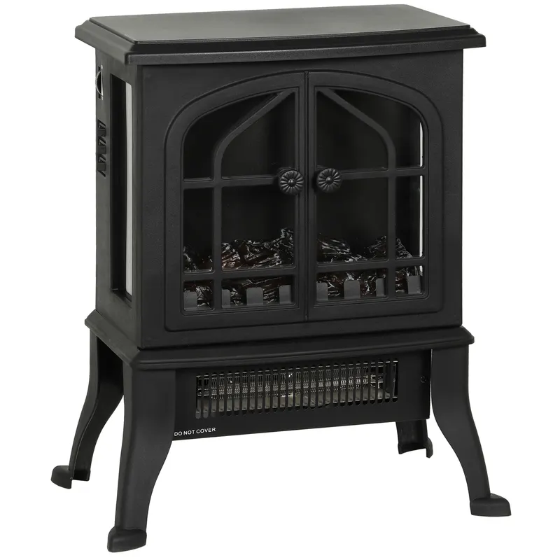 HOMCOM Șemineu Electric de Podea, Flacără 3D, Termostat 10-35°C, Plastic, Sticlă, 39x24x48 cm, Negru | Romania