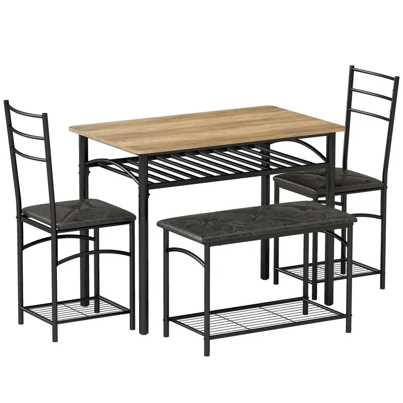 HOMCOM Set de dining 4 piese, masă de bucătărie în stil industrial cu 2 scaune și bancă pentru 4 persoane, scaune tapițate cu piele PU, maro | Romania