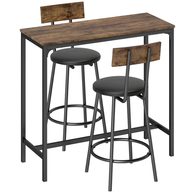 HOMCOM Set Masă de Bar cu 2 Scaune Înalte, Spătar, Suport pentru Picioare, MDF, Metal, 100x40x90,5 cm, Maro Rustic | Romania