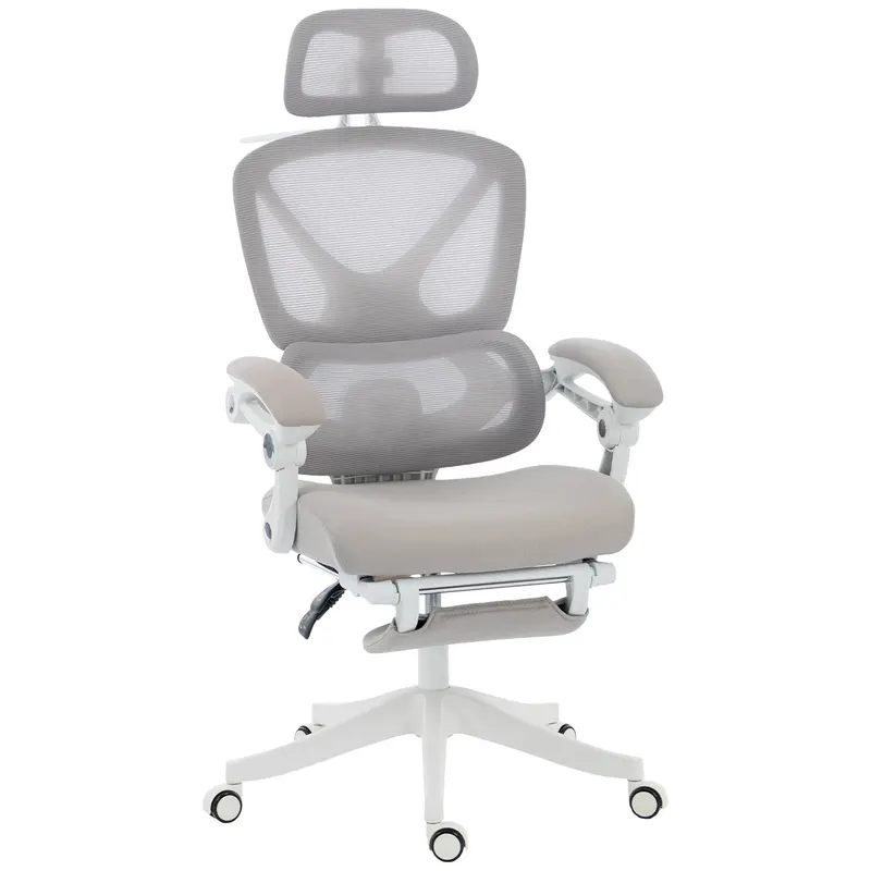 HOMCOM Scaun de birou ergonomic cu tetieră reglabilă, fotoliu de birou rabatabil din plasă, spătar separat, gri | Romania