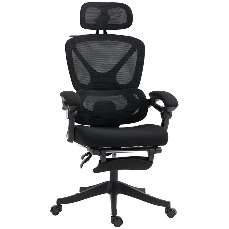 HOMCOM Scaun de birou ergonomic cu tetieră reglabilă, fotoliu de birou reclinabil din plasă, spătar separat, negru | Romania