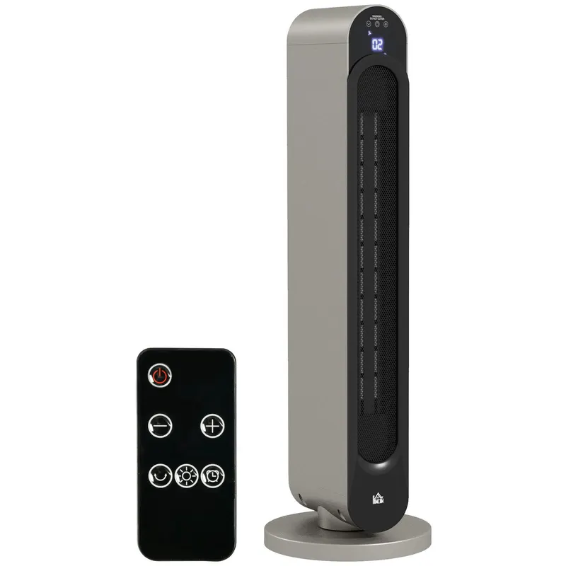 HOMCOM Incalzitor Electric Oscilant cu 3 Moduri de Incalzire, cu ventilator, Temperatura Reglabila, Telecomanda Ø25x73.5 cm, Argintiu | Romania