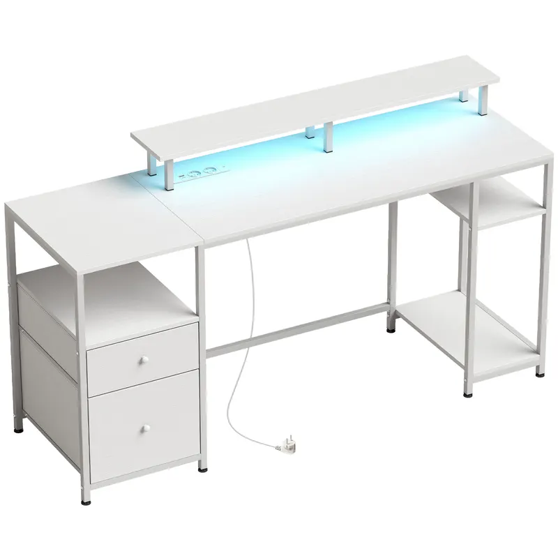 HOMCOM Masă de birou cu lumini LED, sertare, prize, porturi USB și suport pentru monitor 155,5x48x88,5 cm Alb | Romania