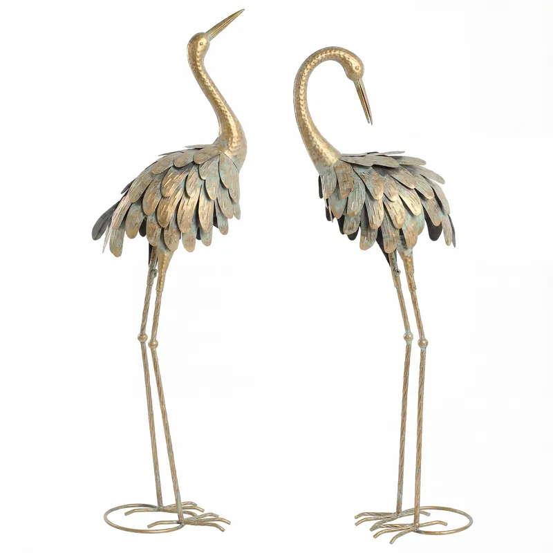 Outsunny Set de 2 statui de grădină, sculptură de stârc din metal, statui de păsări 91/95cm, pentru curte, iaz, terasă, auriu/albastru | Romania