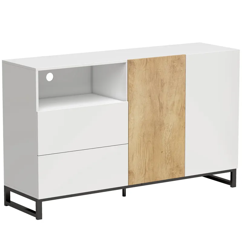 HOMCOM Bufet Modern 140 cm cu Poliță Deschisă, Alb și Stejar | Romania