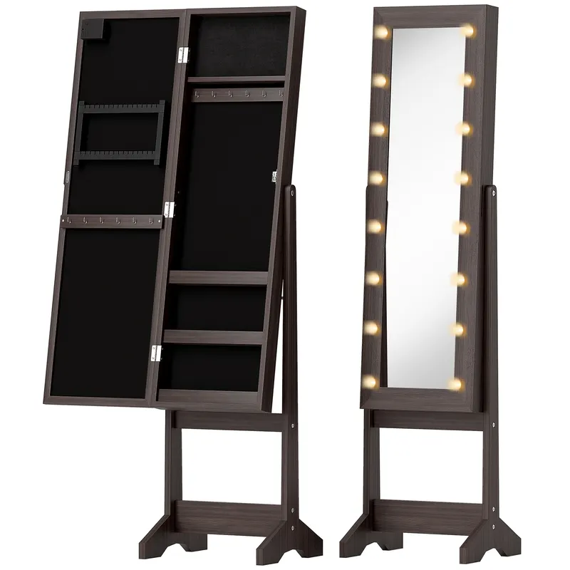 HOMCOM Dulap pentru bijuterii, dulap de depozitare pe picior, cutie pentru bijuterii cu oglindă, multiple spații de depozitare, iluminare LED, maro închis | Romania