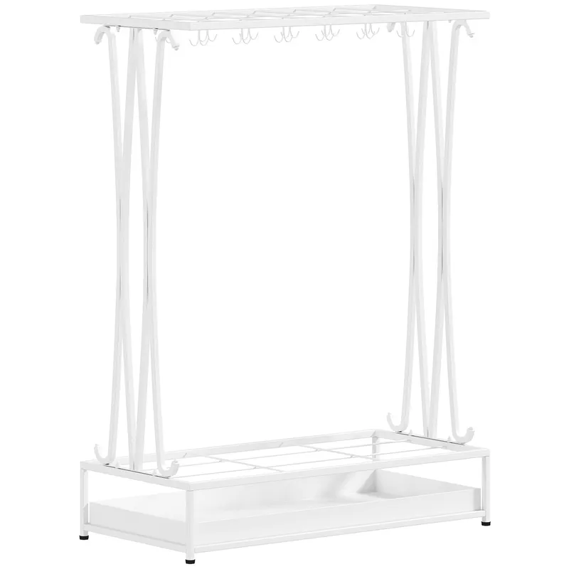 HOMCOM Suport Pentru Umbrele cu Tăviță Colectoare, 21 Orificii, 24 Cârlige, Oțel, 50x24x68 cm, Alb | Romania