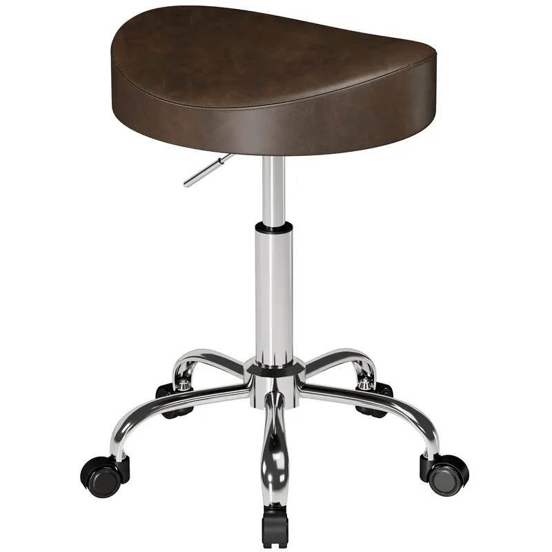 HOMCOM Taburet pe roți, taburet pentru salon cu înălțime reglabilă 51-66 cm și șezut căptușit, rotativ 360°, maro | Romania