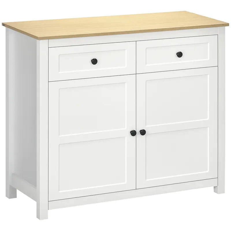 HOMCOM Comodă mobilier de depozitare cu 2 uși și raft reglabil în înălțime 2 sertare 100 x 40 x 85 cm alb și aspect lemn | Romania