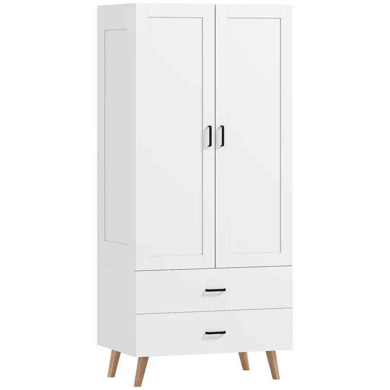 HOMCOM Dulap pentru dormitor, dressing 2 uși cu închidere silențioasă, 2 sertare și bară de suspendare, 80x54x180cm, alb | Romania