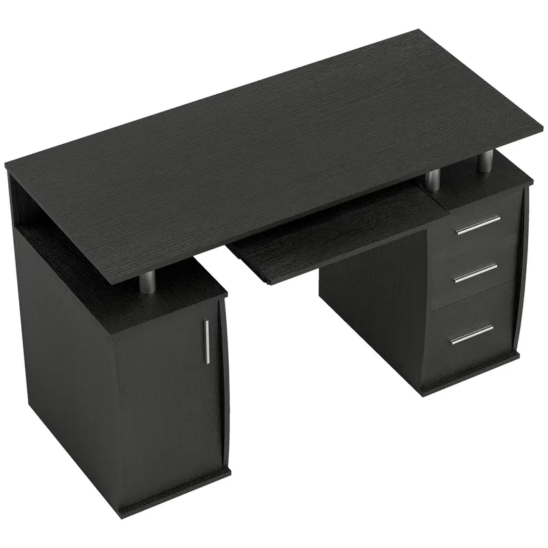 HOMCOM Birou pentru calculator 120 x 55 cm cu raft glisant pentru tastatură, 3 sertare, pentru dormitor, acasă, negru | Romania