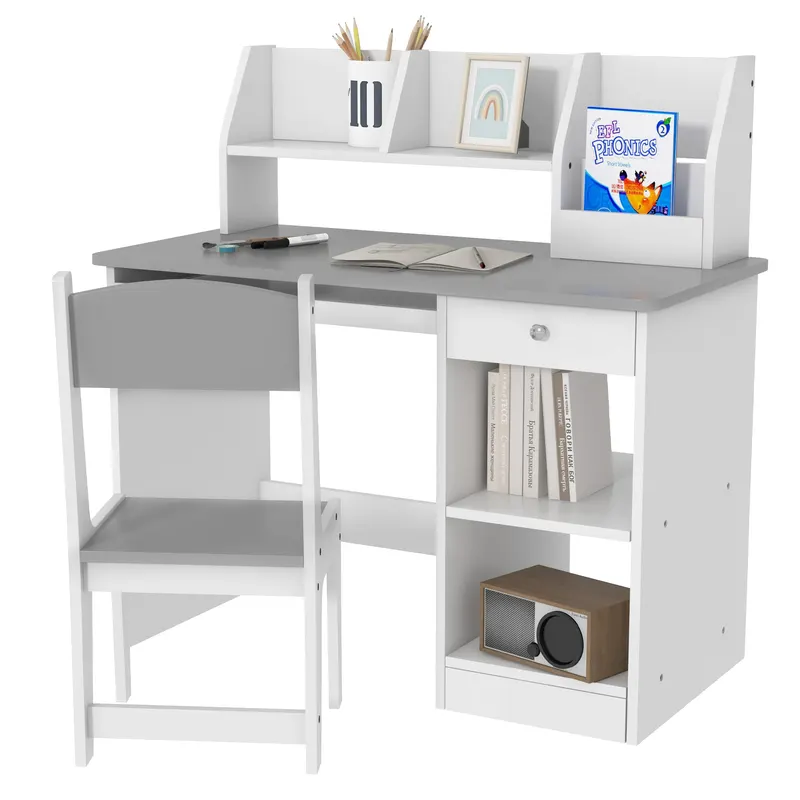 ZONEKIZ Birou pentru copii cu scaun ergonomic, cu tavă culisantă pentru tastatură, nișe și rafturi deschise 90 x 45 x 90 cm gri | Romania