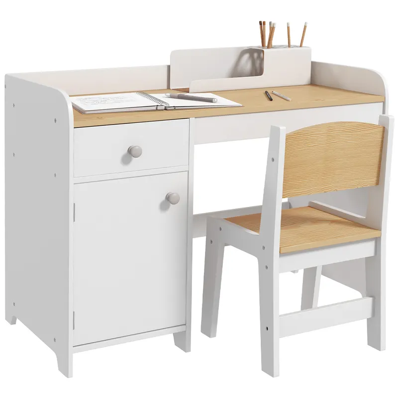 ZONEKIZ Birou pentru copii cu scaun, masă pentru copii cu sertar, dulap și blat generos, pentru 3-6 ani, 80 x 39 x 59 cm, alb | Romania