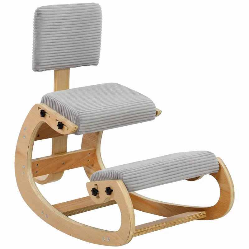 HOMCOM Scaun în genunchi ergonomic cu spătar, scaun tip genunchi cu balans tapițat în velur reiat, gri deschis | Romania