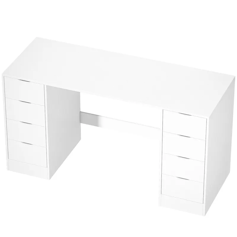 HOMCOM Birou 140 cm cu 8 sertare, masă de birou modernă cu spațiu de depozitare, aspect lemn alb | Romania