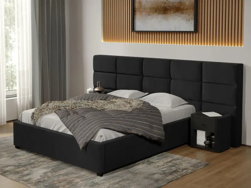 Pat tapitat Cico fix 287 x 114 C2 din piele/stofa Negru - Falcone 14 140x200