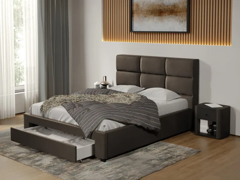 Pat tapitat Cico cu sertar 170 x 114 C1 din piele/stofa Ciocolatiu - Nube 29