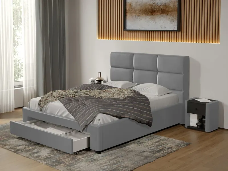 Pat tapitat Cico cu sertar 170 x 114 C1 din piele/stofa Gri - Nube 81