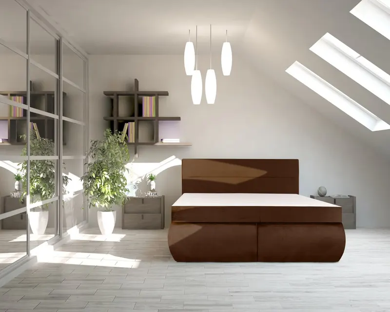 Pat Dormitor Bedora Leon Spring, 180x200 cm, lada de depozitare, textil, maro