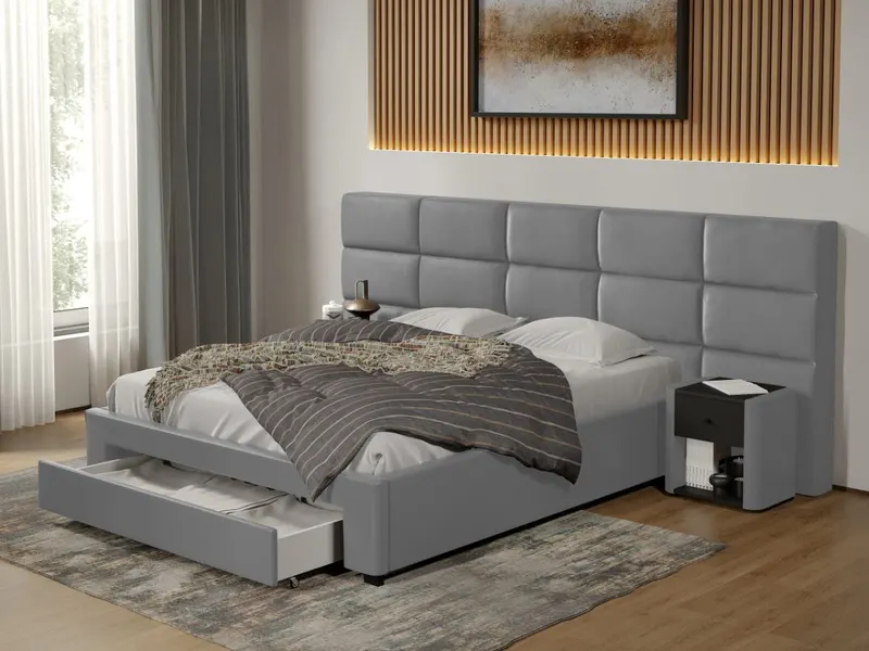 Pat tapitat Cico cu sertar 287 x 114 C2 din piele/stofa Gri - Nube 81