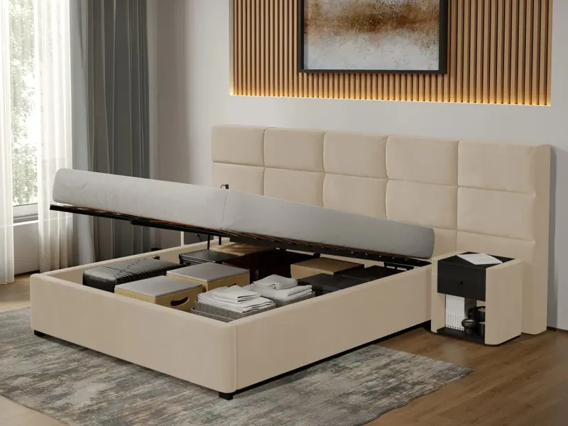 Pat Tapitat Cico de 190 rabatabil 287 x 114 C2 din piele/stofa Bej - Falcone 102 140x190