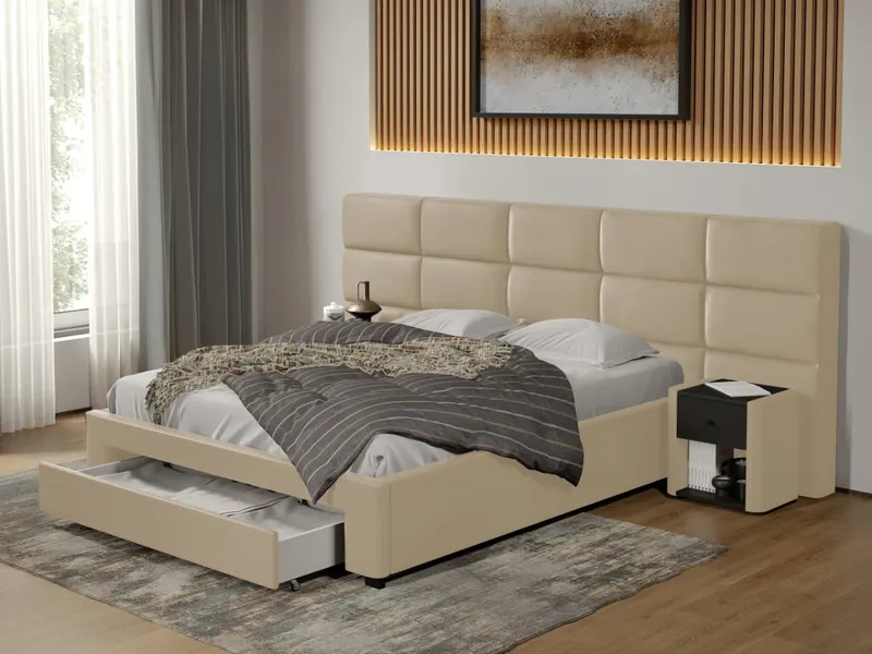 Pat tapitat Cico cu sertar 287 x 114 C2 din piele/stofa Crem - Nube 4
