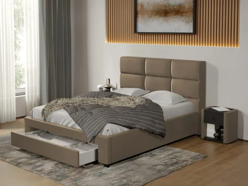 Pat tapitat Cico cu sertar 170 x 114 C1 din piele/stofa Bej - Nube 11